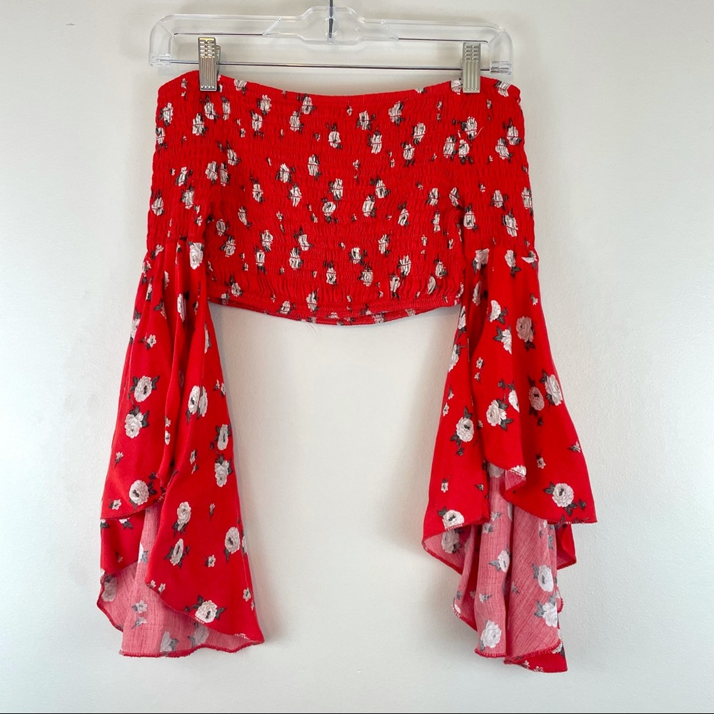 Don’t Ask Why floral stretchy red strapless bell sleeve crop top
